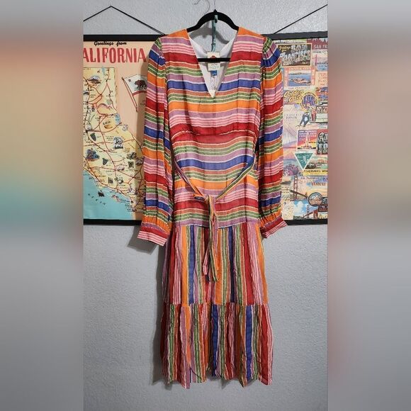 Farm Rio for Anthropologie Multi Color Striped Belted Dress - Picture 2 of 8